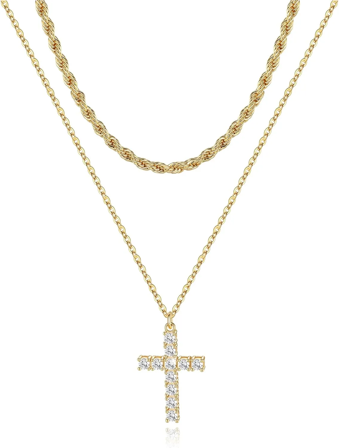 MJartoria Cross Necklace for Women Trendy Dainty Layered Necklaces 14K Gold Plated Cross Pendant Necklaces Simple Jewelry Gifts