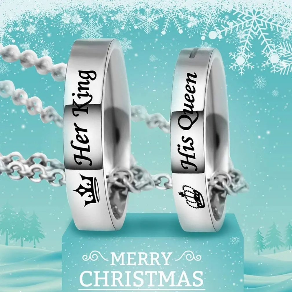 MJartoria Matching Necklaces for Couples-His and Her Engraved Ring Pendant Necklaces Anniversary Valentines Gifts for Boyfriends Girlfriends