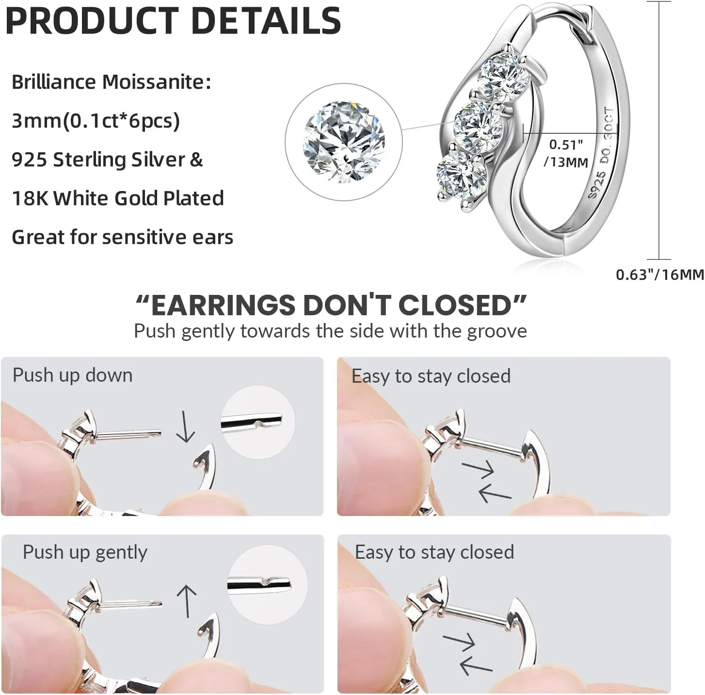 Moissanite Hoop Earrings for Women, 925 Sterling Silver D-E Color Lab Created Imitation-diamond Small Huggie Hoops Earring for Sensitive Ears Hypoallergenic Jewelry