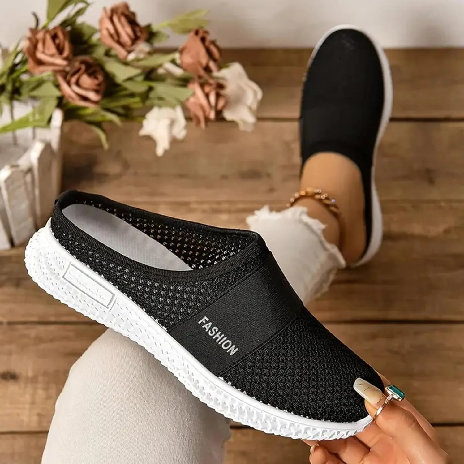 Mules for Women Orthopedic Air Cushion Platform Mesh Mules Clogs Open Back Slip On Shoes with Arch-Support Lightweight Summer Walking Sandals Beach Shoe