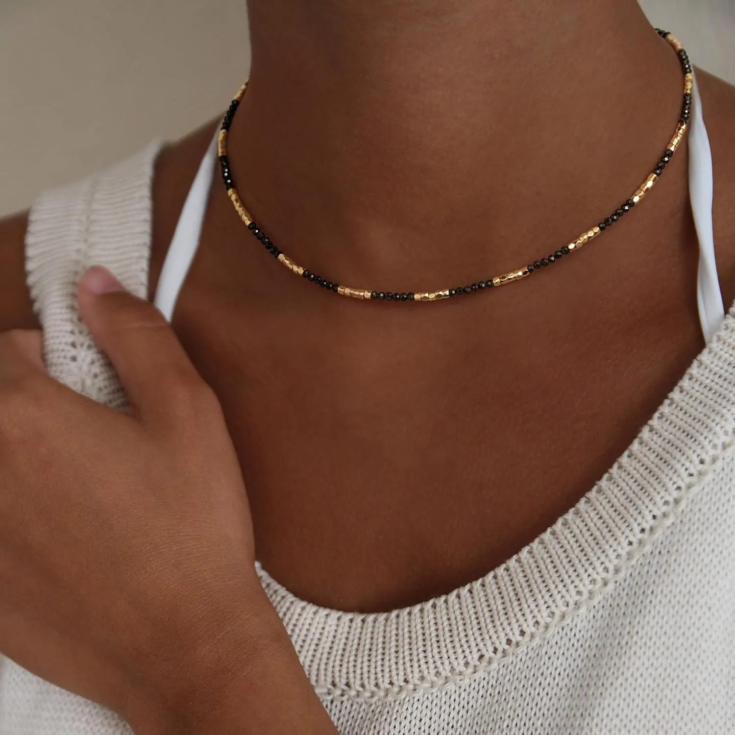 MYEARS Women Beaded Choker Necklace Gemstone 14K Gold Plated Simple Dainty Handmade Chain Everyday Trendy Jewelry