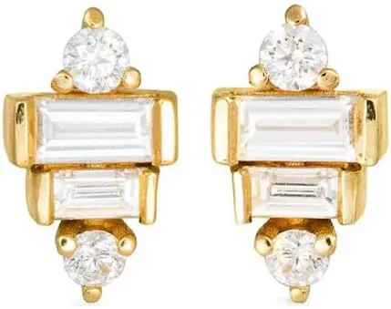 Natural Bgauette Diamond Mini Studs Earrings in Solid 9k, 14k & 18k Gold, Minimalist Jewelry,, White
