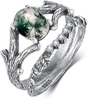 Natural Moss Agate/Moonstone Engagement Ring for Women 925 Sterling Silver Leaf Moonstone Ring Moss Agate Ring Branch Wedding Rings Promise Ring for Her Valentine's Day Gift Size 5-9