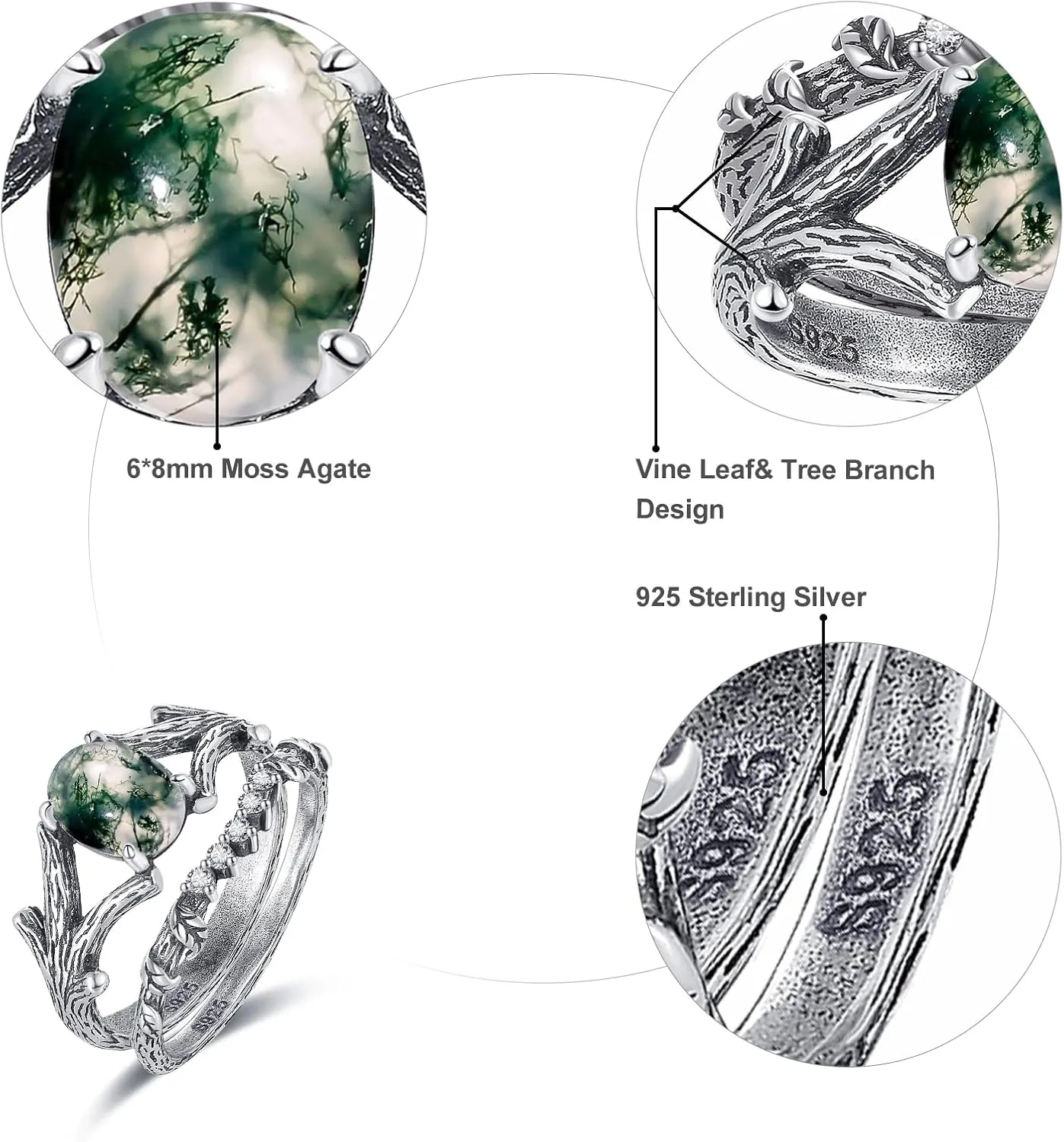 Natural Moss Agate/Moonstone Engagement Ring for Women 925 Sterling Silver Leaf Moonstone Ring Moss Agate Ring Branch Wedding Rings Promise Ring for Her Valentine's Day Gift Size 5-9