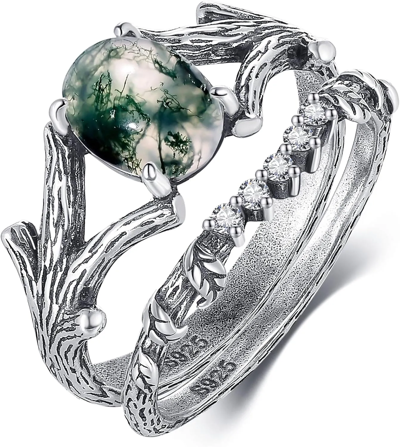 Natural Moss Agate/Moonstone Engagement Ring for Women 925 Sterling Silver Leaf Moonstone Ring Moss Agate Ring Branch Wedding Rings Promise Ring for Her Valentine's Day Gift Size 5-9