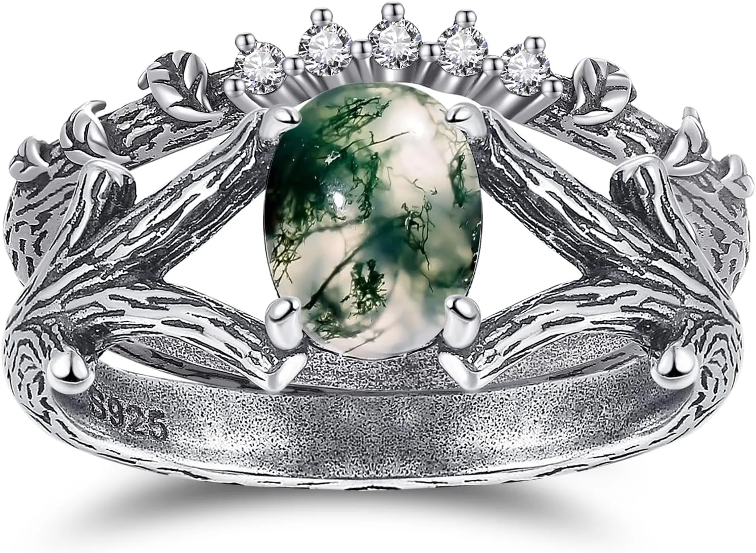 Natural Moss Agate/Moonstone Engagement Ring for Women 925 Sterling Silver Leaf Moonstone Ring Moss Agate Ring Branch Wedding Rings Promise Ring for Her Valentine's Day Gift Size 5-9