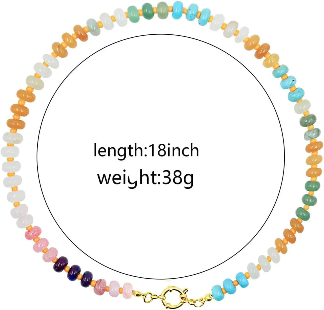 Natural Stone Beaded Necklace for Women Colorful Beads Choker Necklace Boho Handmade Necklace 14K Gold Plated Circular Buckle Surfer Beach Necklace Summer Jewelry Gift for Women