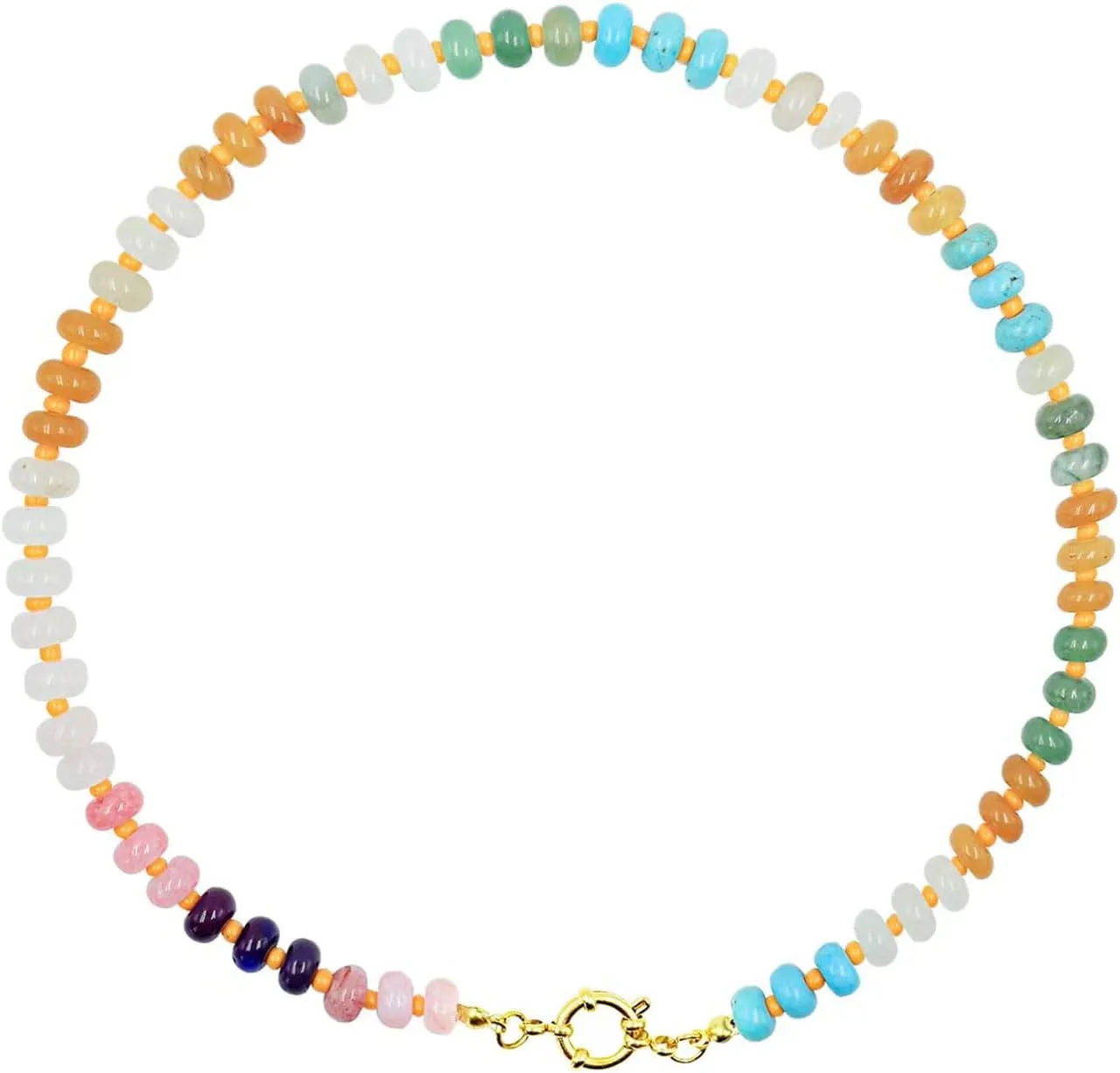Natural Stone Beaded Necklace for Women Colorful Beads Choker Necklace Boho Handmade Necklace 14K Gold Plated Circular Buckle Surfer Beach Necklace Summer Jewelry Gift for Women
