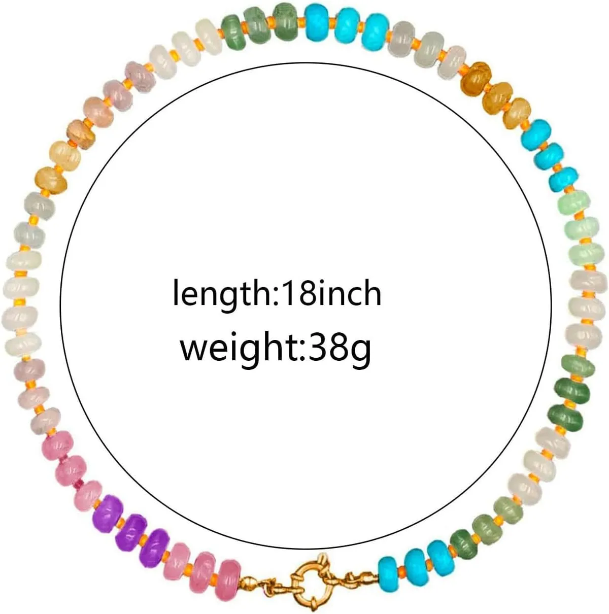 Natural Stone Beaded Necklace for Women Colorful Beads Choker Necklace Boho Handmade Necklace 14K Gold Plated Circular Buckle Surfer Beach Necklace Summer Jewelry