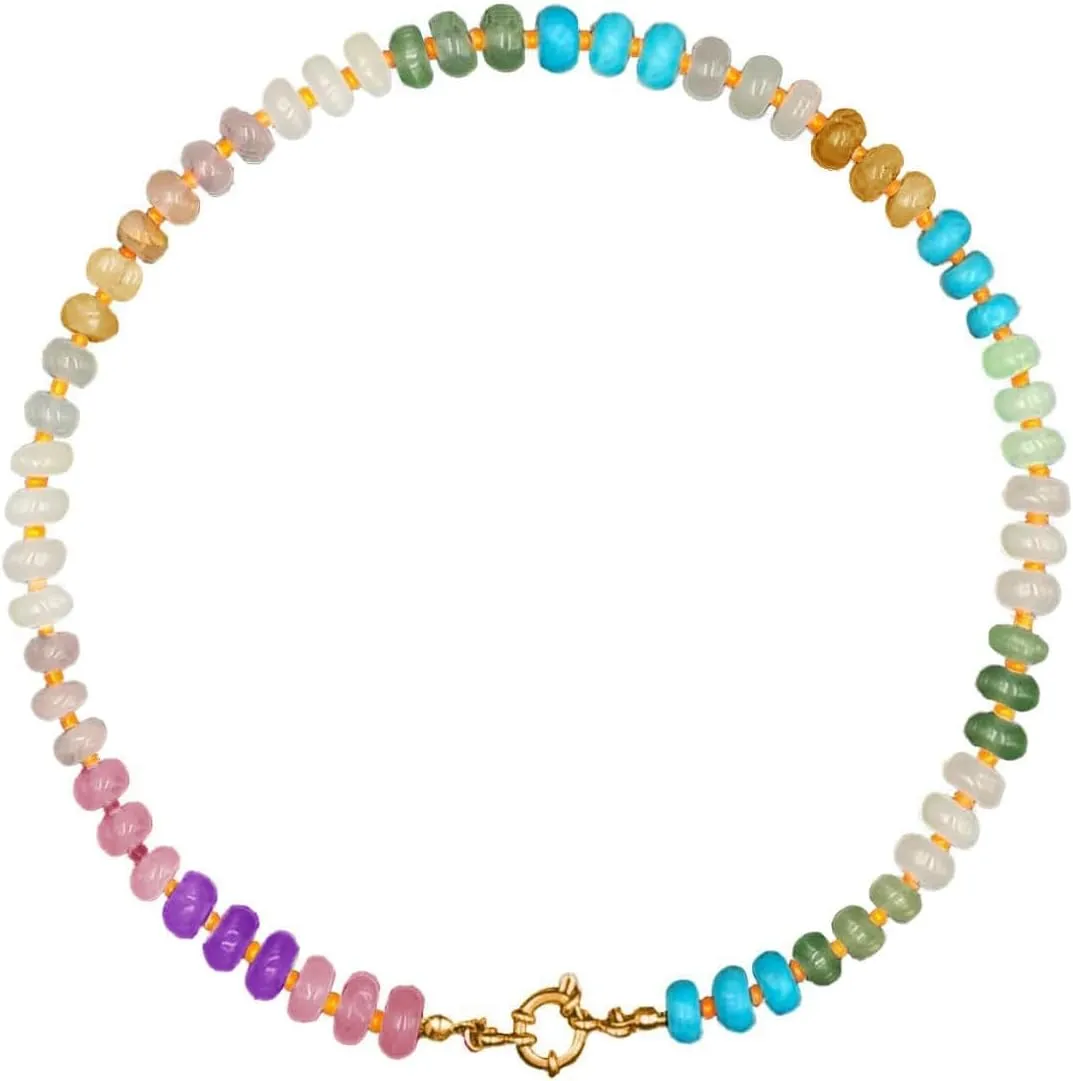 Natural Stone Beaded Necklace for Women Colorful Beads Choker Necklace Boho Handmade Necklace 14K Gold Plated Circular Buckle Surfer Beach Necklace Summer Jewelry