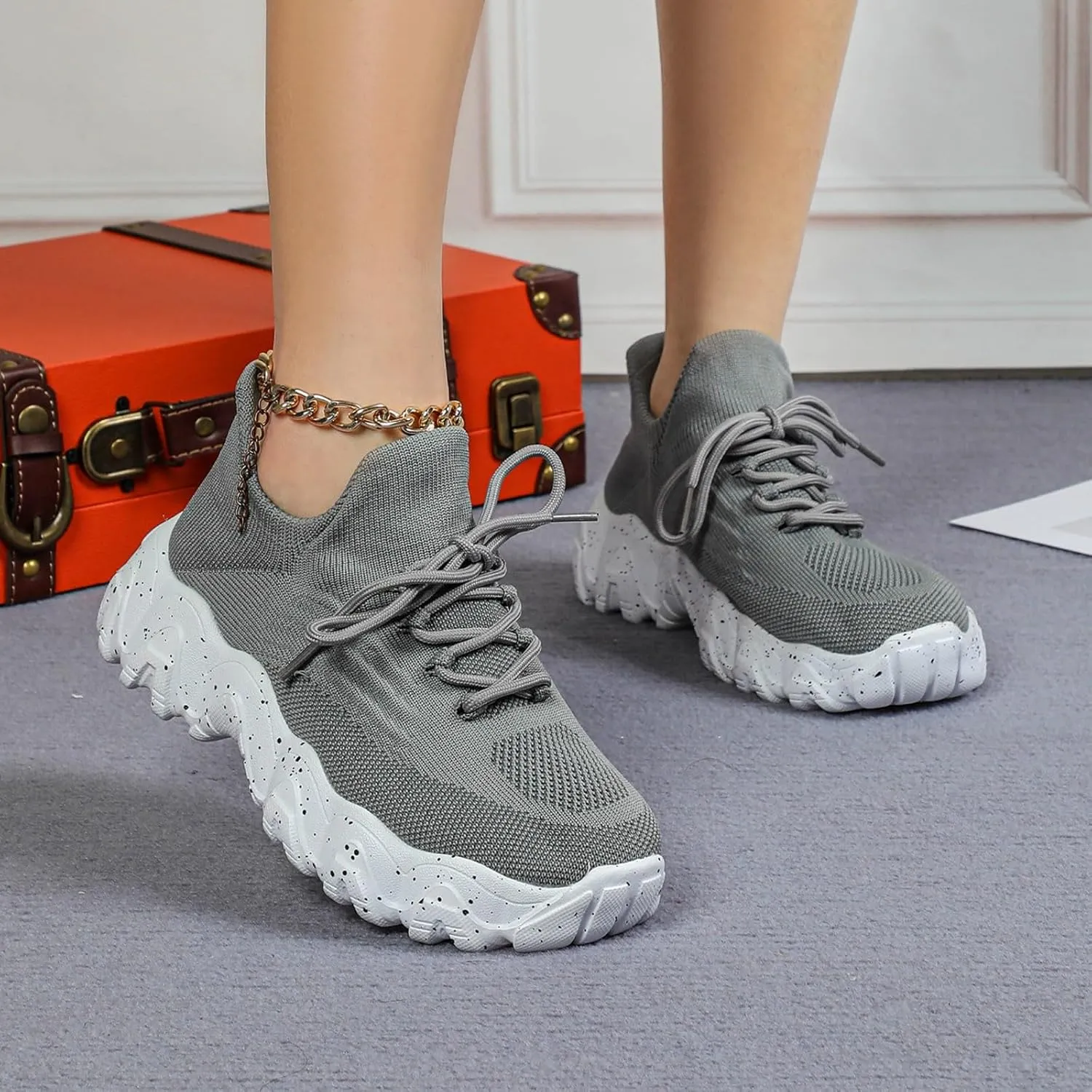 Orthopedic Walking Shoes for Women, Women Mesh Breathable Non-Slip Casual Shoes, Lace Up Athletic Shoes Arch Support
