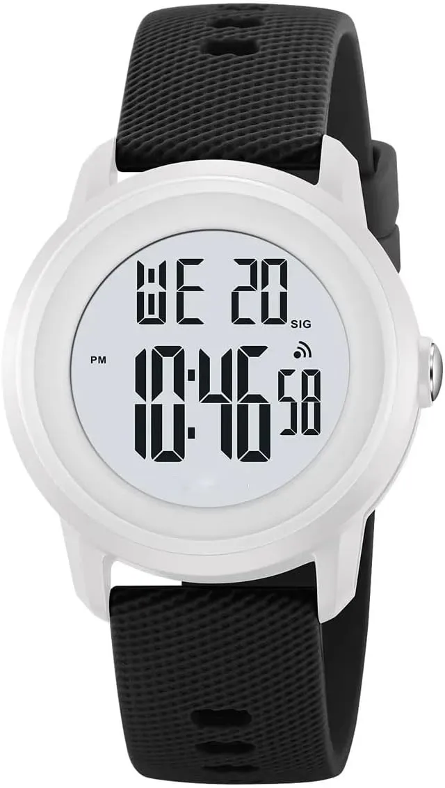 Outdoor Sports Watch Women Men Minimalist Easy-to-Read LED Digital Watch Multi-Functions Alarm Clock Stopwatch 5Bar Waterproof Watch (Black White)