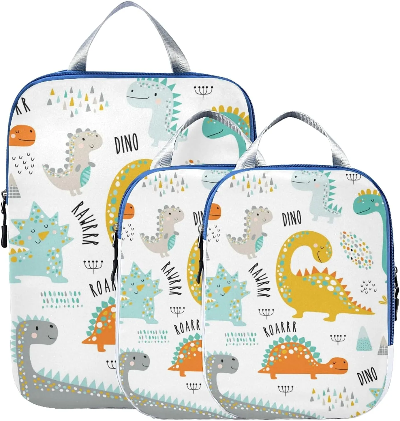 Oyihfvs Kids Dinosaurs Colorful Dinos Seamless On White 3 Set Packing Cubes, Travel Packing Organizers, Waterproof Check Oxford cloth Toiletry Storage Bag, Multi 4, XSSML