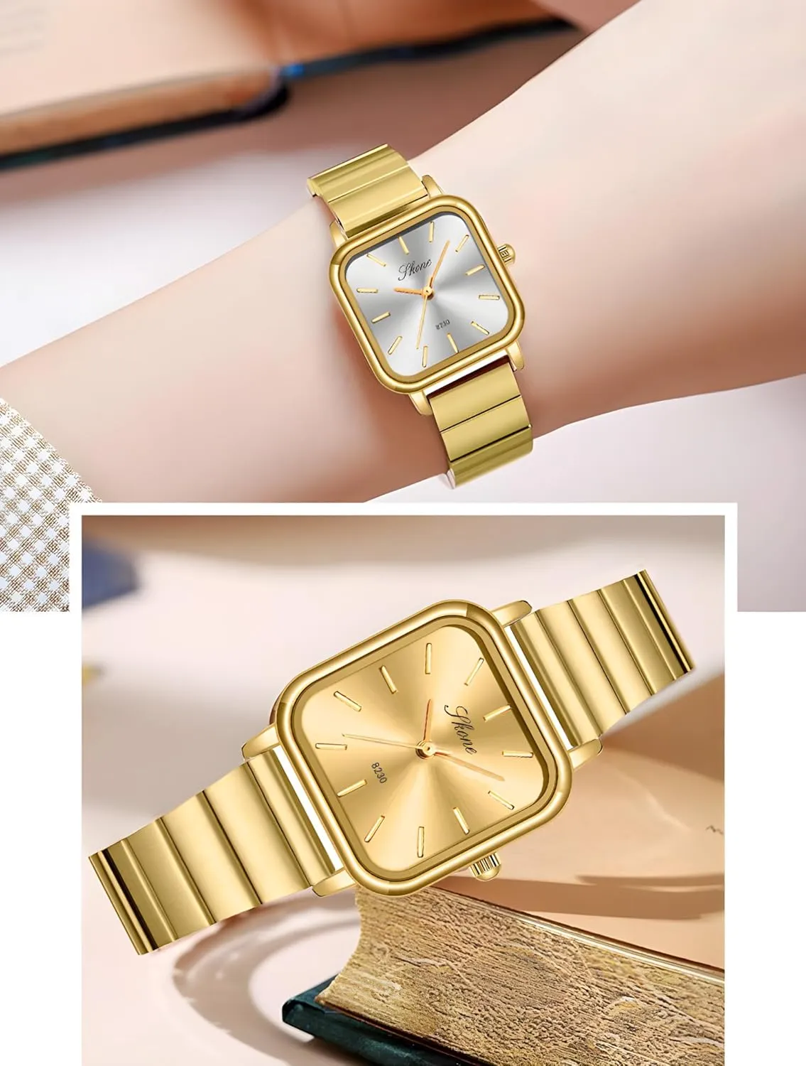 PASOY Womens Square Dial Stainless Steel Watch Elegant Minimalist Design Quartz Fashionable Colors Gold Bracelet Waterproof Sport Watch