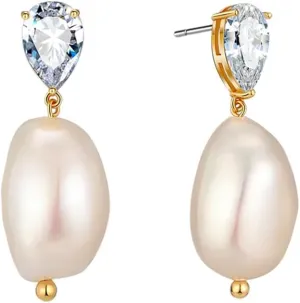 Pearl Drop Earrings Cubic Zirconia Simulated Diamond Earring Baroque Pearl Dangle Earrings for Brides, Bridesmaids, Birthday, Women Jewelry