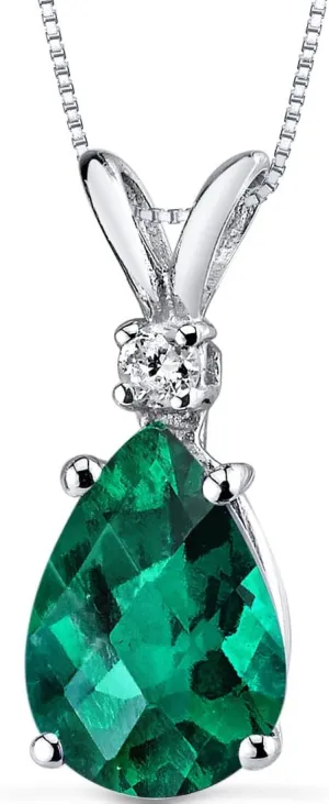 PEORA Created Emerald with Genuine Diamond Pendant for Women 14K White Gold, Elegant Teardrop Solitaire, Pear Shape, 10x7mm, 1.75 Carats total, Green Emerald Jewelry, May Birthstone, w/Jewelry Box