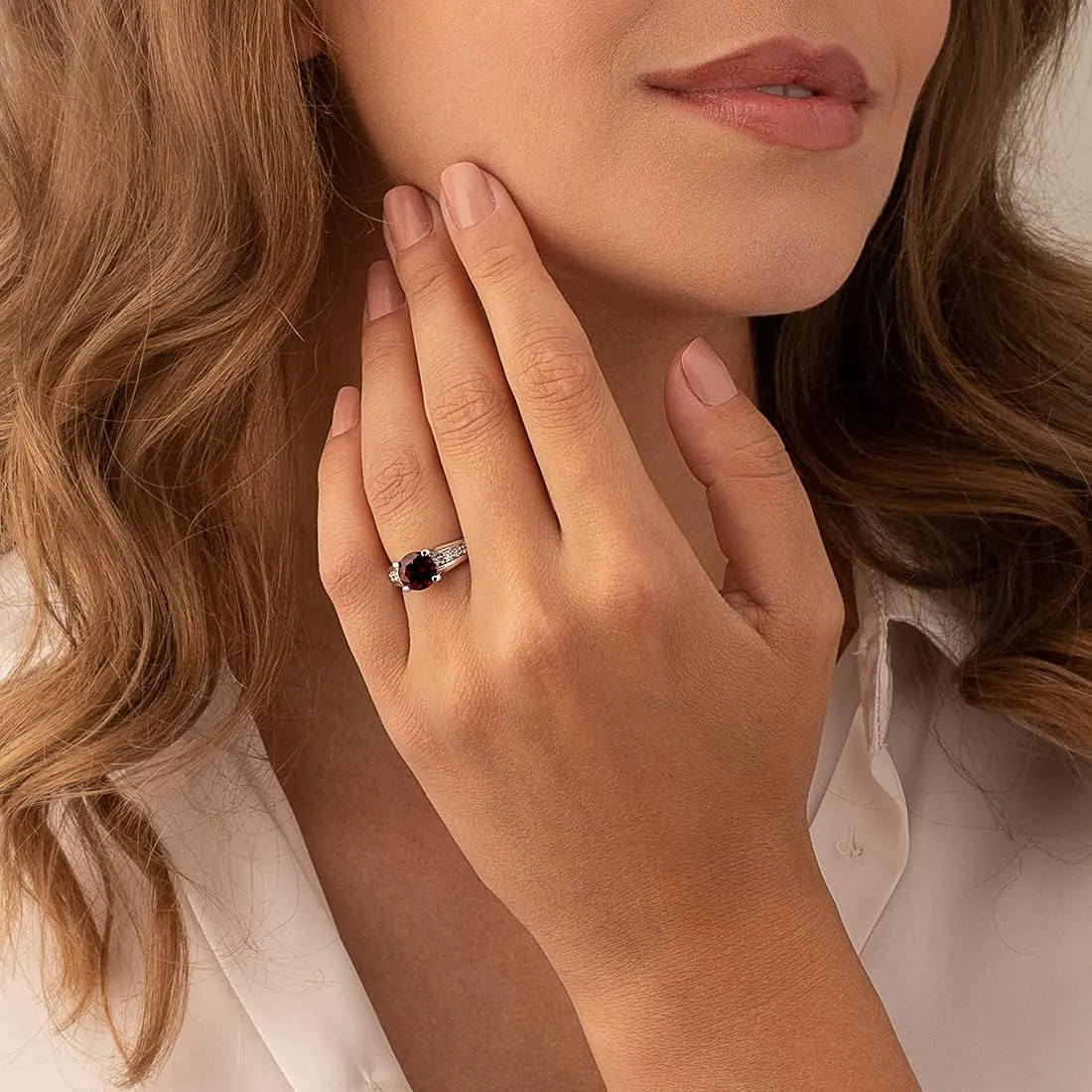 PEORA Garnet Cathedral Solitaire Ring for Women 925 Sterling Silver, Natural Gemstone Birthstone, 2.50 Carats Round Shape 8mm, Sizes 5 to 9