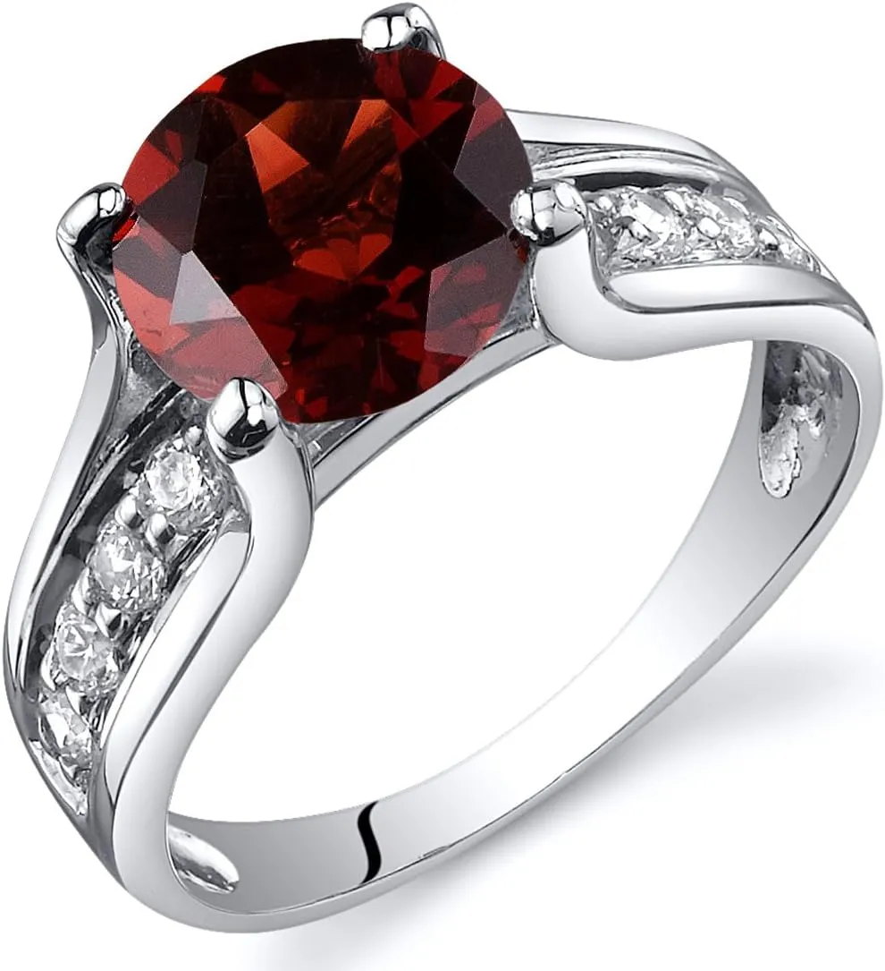 PEORA Garnet Cathedral Solitaire Ring for Women 925 Sterling Silver, Natural Gemstone Birthstone, 2.50 Carats Round Shape 8mm, Sizes 5 to 9