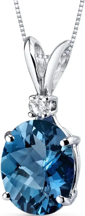 PEORA London Blue Topaz with Diamond Solitaire Pendant for Women 14K White Gold, Genuine Gemstone, 3 Carats Oval Shape 10x8mm, December Birthstone Necklace, Gold Necklace, w/Jewelry Box