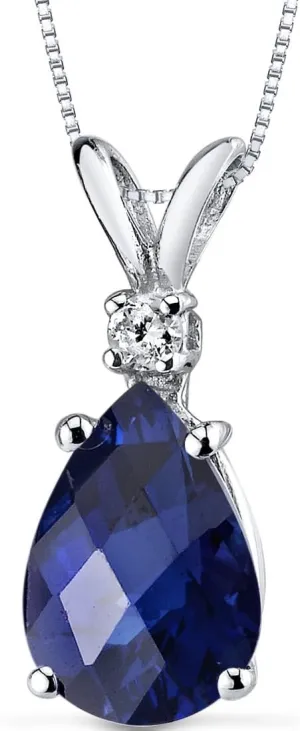 PEORA Solid 14K White Gold Created Blue Sapphire with Genuine Diamond Pendant for Women, Elegant Teardrop Solitaire, 2.45 Carats Pear Shape 10x7mm, Sparkling Blue Sapphire Jewelry, w/Jewelry Box