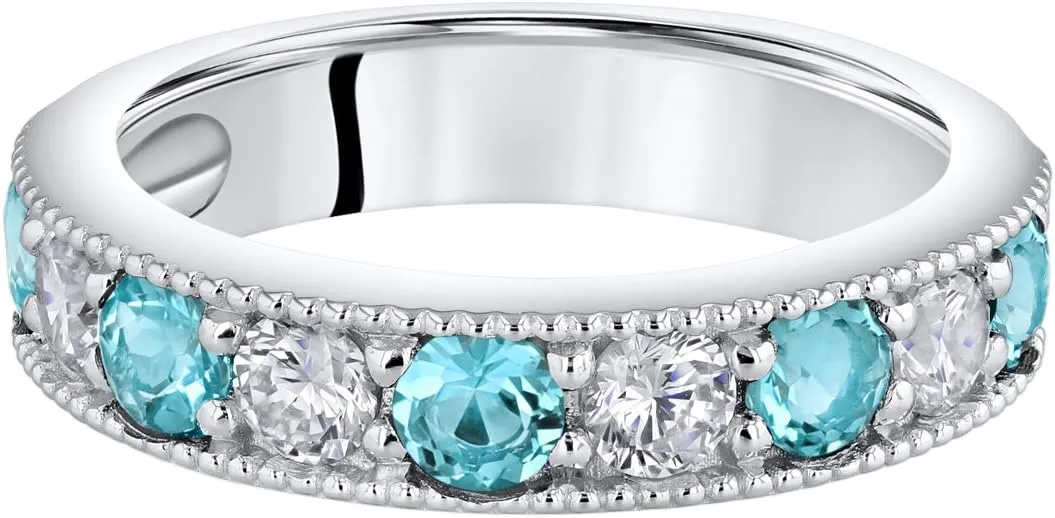 PEORA Sterling Silver 4mm Milgrain Half-Eternity Anniversary Wedding Ring Band for Women, Various Gemstones, Comfort Fit, Sizes 5 to 9