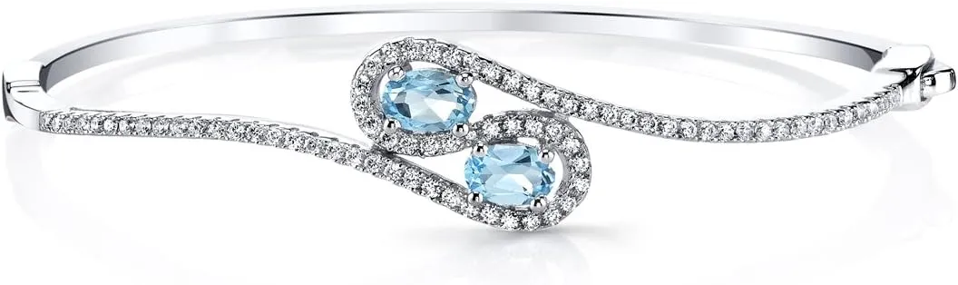 PEORA Swiss Blue Topaz Infinity Hinged Bangle Bracelet for Women 925 Sterling Silver, Natural Gemstone, 1 Carat total Oval Shape 6x4mm, 2.25 inches diameter, Blue Gemstone Bracelet,