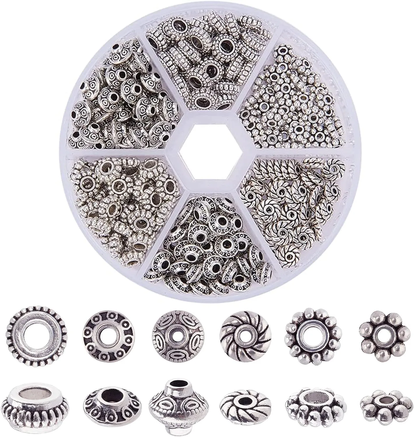 PH PandaHall 300pcs 6 Style Antique Silver Spacer Beads, Tibetan Metal Alloy Tube Spacers Flower Flat Rondelle Small Loose Beads for Bracelet Necklace Earring Jewelry Making Supplies