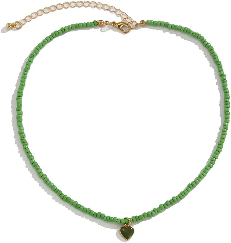 Pingyongchang Beads Heart Chokers Necklace for Women Cute Sweet Candy Color Love Heart Pendants Beaded Necklace Summer Beach Colorful Beaded Pendant Necklace Jewelry Gift