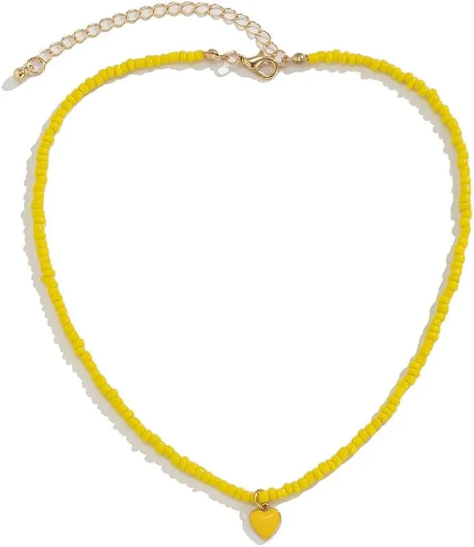 Pingyongchang Beads Heart Chokers Necklace for Women Cute Sweet Candy Color Love Heart Pendants Beaded Necklace Summer Beach Colorful Beaded Pendant Necklace Jewelry Gift