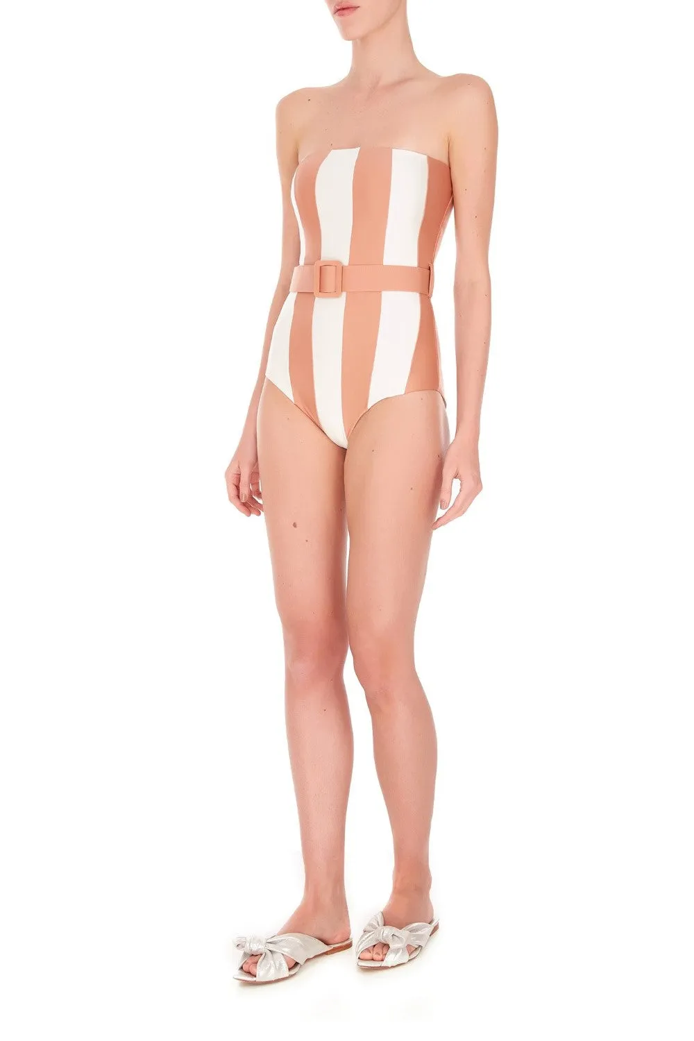 Porto Striped Strapless Swimsuit with Belt