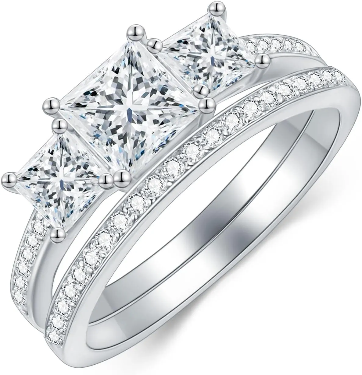 Princess Cut Wedding Ring Set for Women Platinum Plated Silver 3 Stone Moissanite Bridal Ring Set Engagement Ring Set White Gold Anniversary Promise Rings for Hersize 10