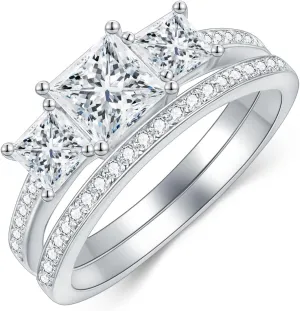 Princess Cut Wedding Ring Set for Women Platinum Plated Silver 3 Stone Moissanite Bridal Ring Set Engagement Ring Set White Gold Anniversary Promise Rings for Hersize 10