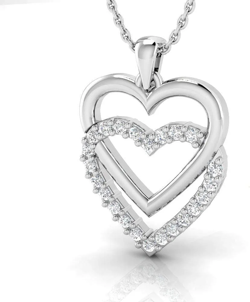 Pristine Fire 925 Sterling Silver 1/4 Carat Certified Round Diamond Heart Pendant Necklace for Women | Two Hearts | 16 Inch Chain