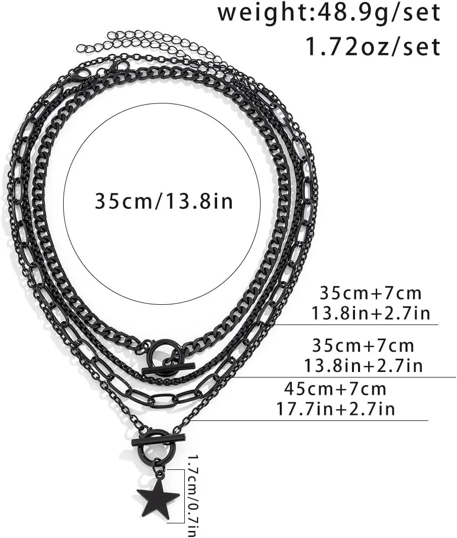 Punk Black Layered Choker Necklace Set Heart Retro Coin Star Pendant Snake Chain Necklaces Adjustable Layering Trendy Necklaces Set