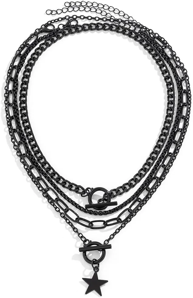 Punk Black Layered Choker Necklace Set Heart Retro Coin Star Pendant Snake Chain Necklaces Adjustable Layering Trendy Necklaces Set