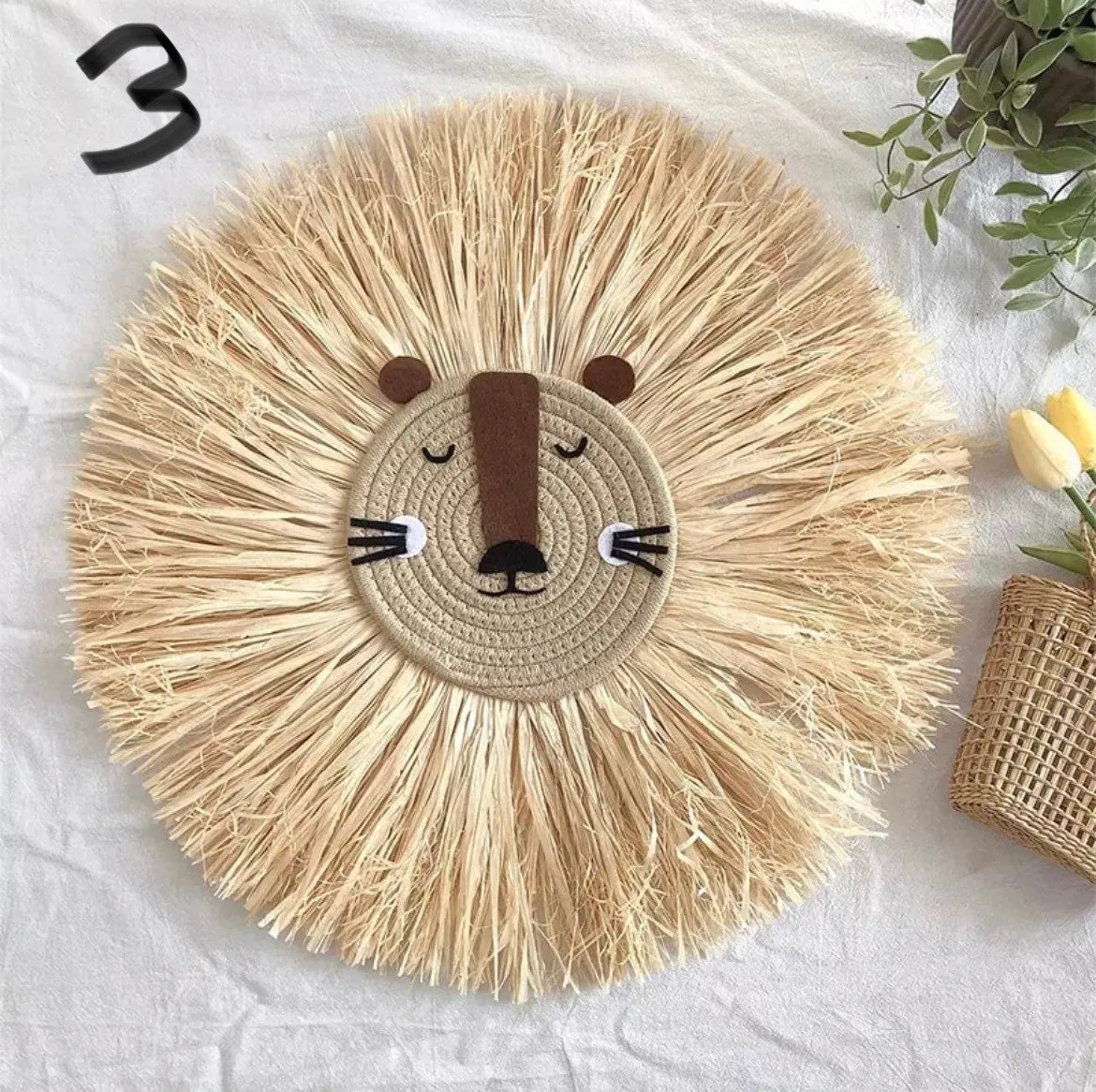 Raffia Lion Face Wall Hanging for Nursery or Nordic / Boho Deco