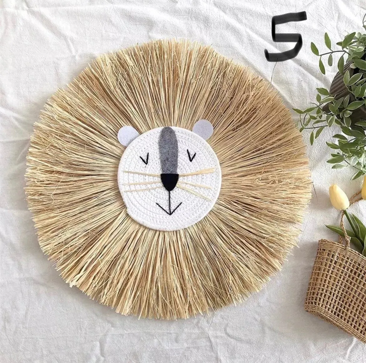 Raffia Lion Face Wall Hanging for Nursery or Nordic / Boho Deco