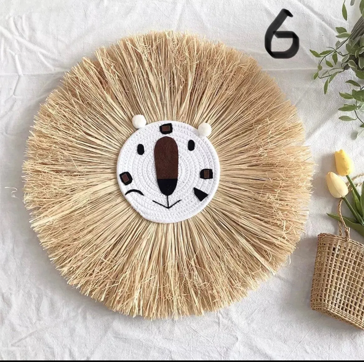 Raffia Lion Face Wall Hanging for Nursery or Nordic / Boho Deco