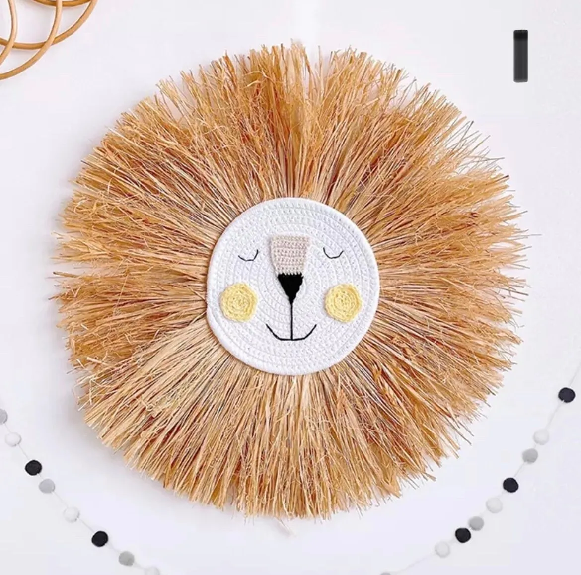Raffia Lion Face Wall Hanging for Nursery or Nordic / Boho Deco