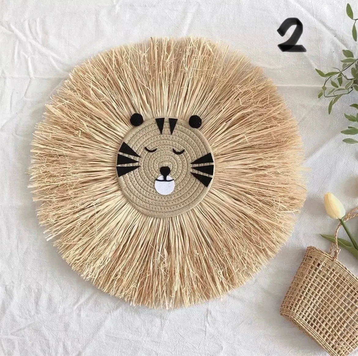 Raffia Lion Face Wall Hanging for Nursery or Nordic / Boho Deco