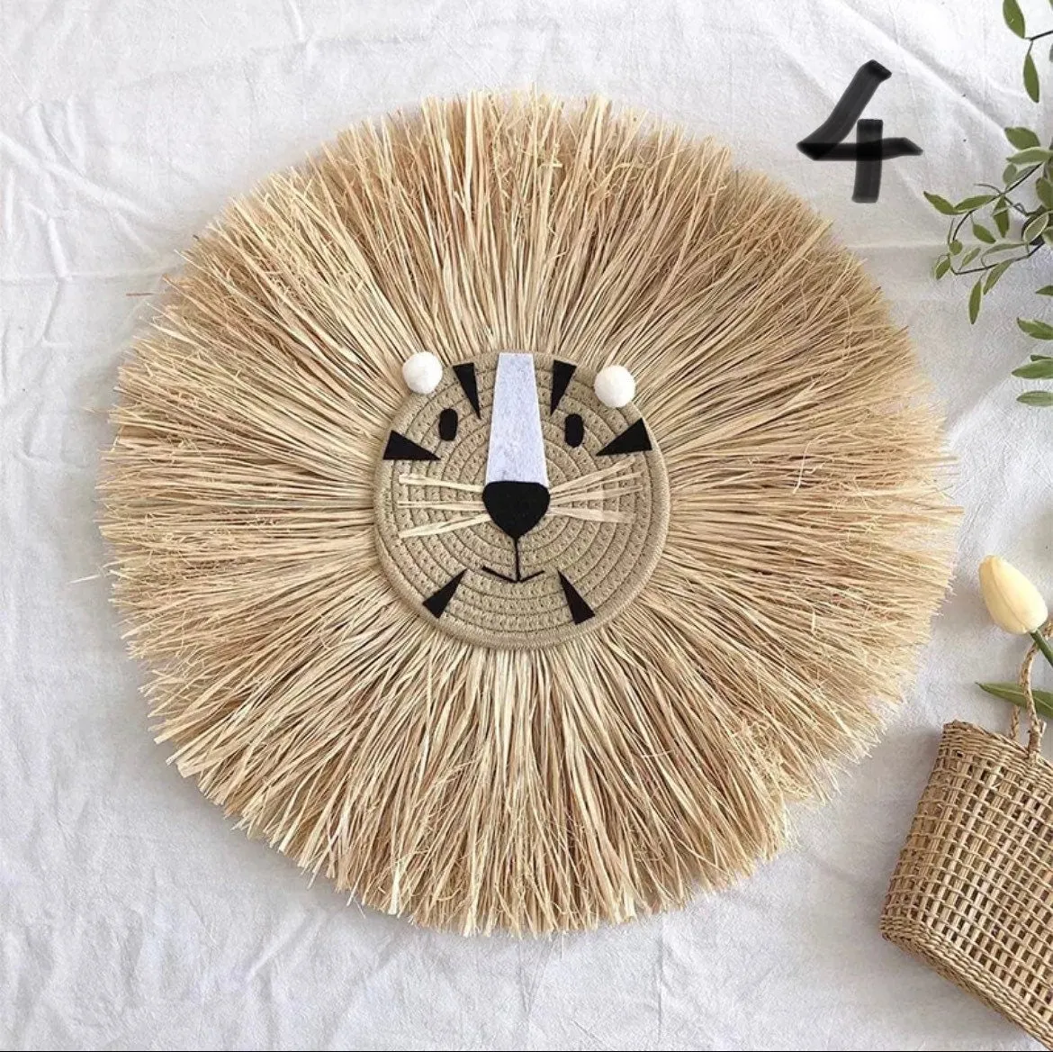 Raffia Lion Face Wall Hanging for Nursery or Nordic / Boho Deco