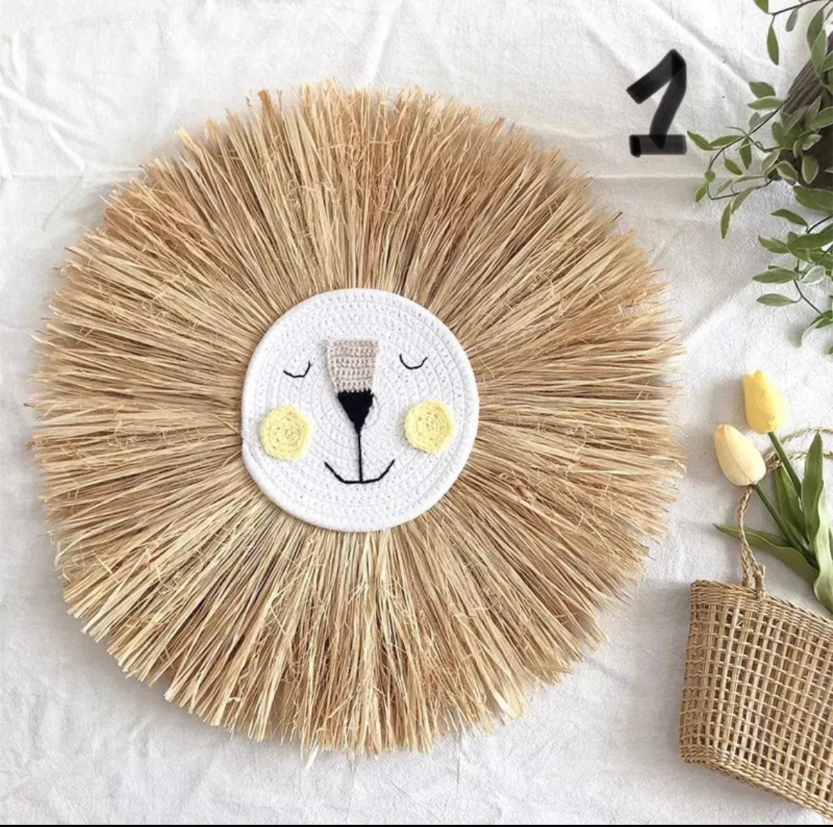 Raffia Lion Face Wall Hanging for Nursery or Nordic / Boho Deco