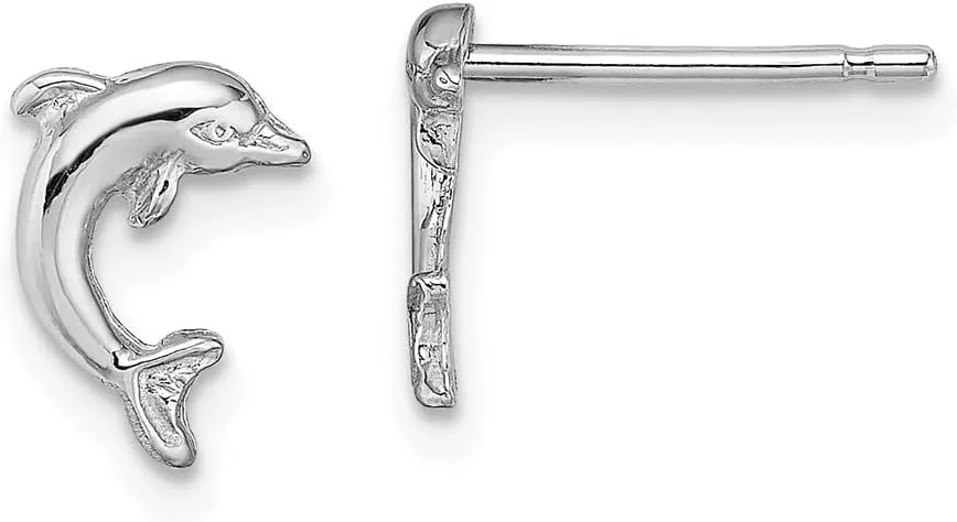 Real 14K White Gold Mini Jumping Dolphin Post Studs Earrings - 9mm x 7mm