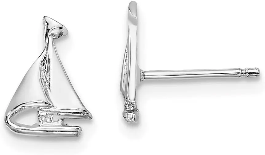 Real 14K White Gold Mini Sailboat Post Studs Earrings