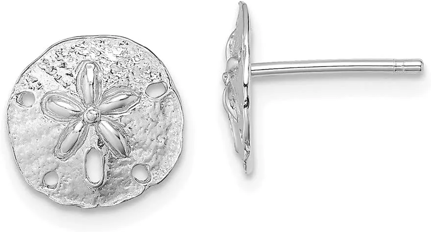 Real 14K White Gold Mini Sand Dollar Post Studs Earrings - 8mm x 9mm