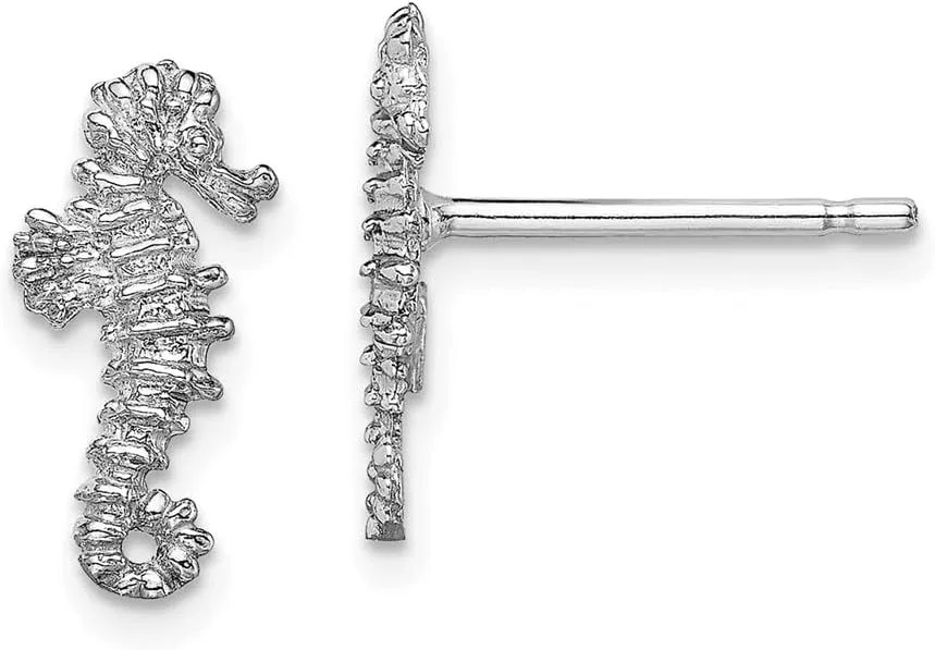 Real 14K White Gold Mini Seahorse Post Studs Earrings - 12mm x 6mm