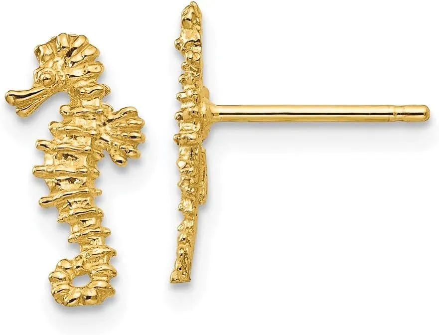 Real 14k Yellow Gold Mini Seahorse Post Studs Earrings - 13mm x 7mm