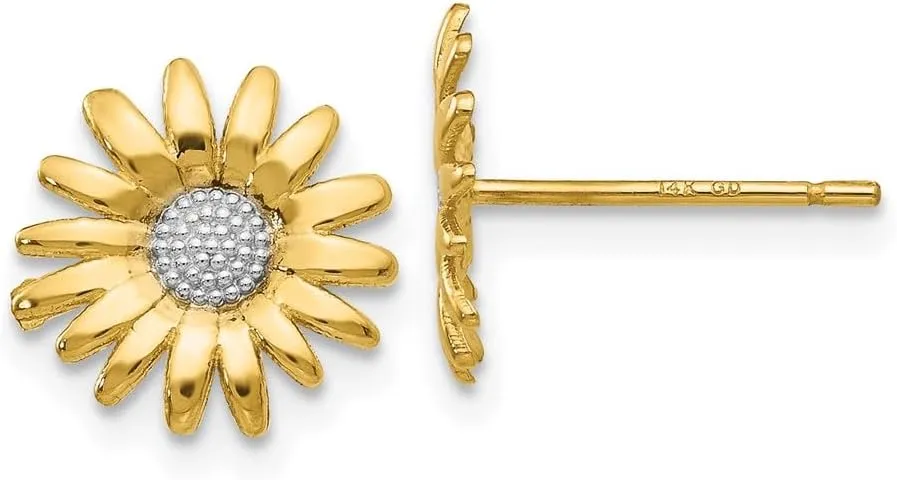 Real 14k Yellow Gold Two Toned Mini Daisy Post Studs Earrings 10mm