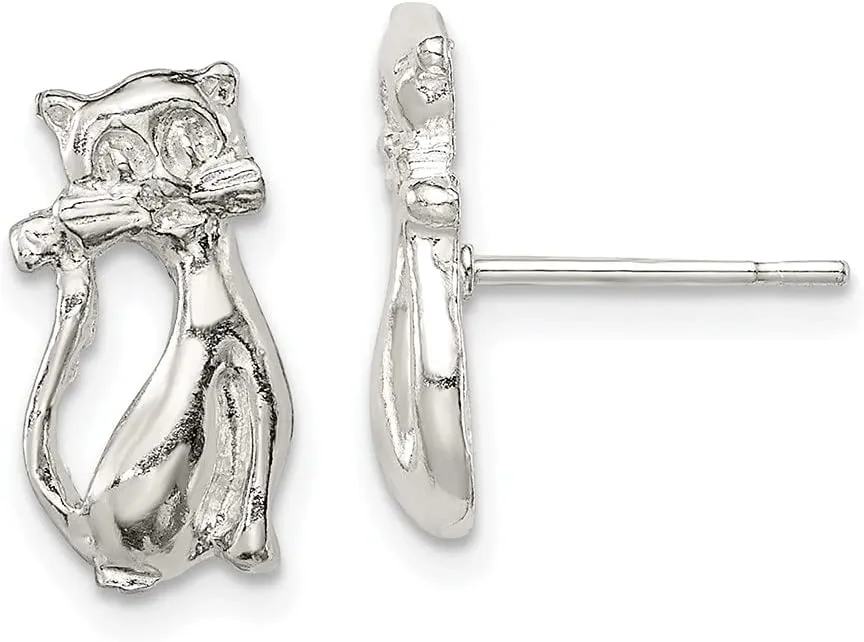Real 925 Sterling Silver Cat Mini Studs Earrings - 14mm x 12mm