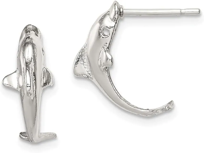 Real 925 Sterling Silver Dolphin Mini Studs Earrings - 19mm x 9mm